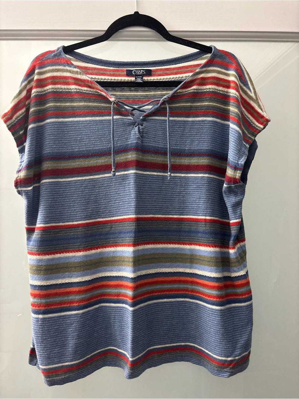 Chaps Striped Lace-Up Scoop Neck Tunic in Blue, Red, Olive